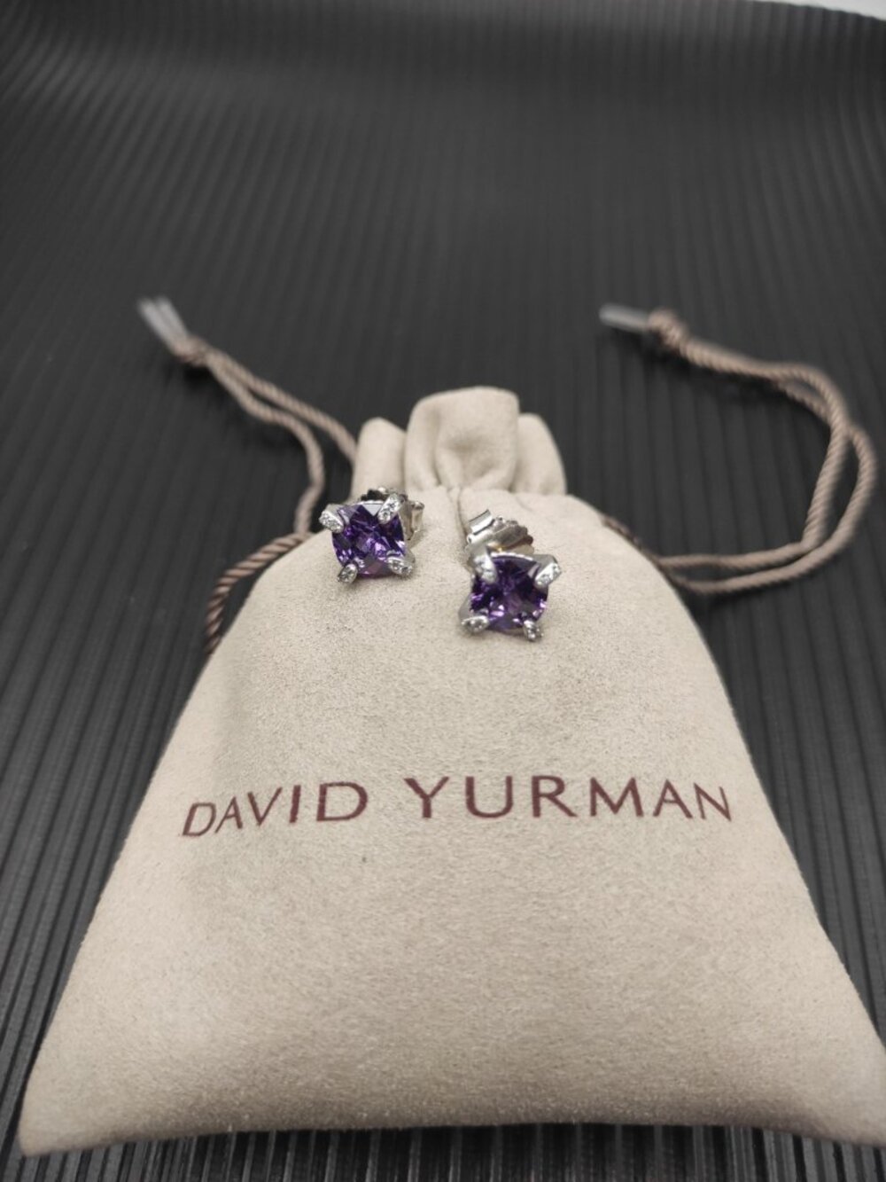David Yurman four-prong earrings with a main stone and purple diamond. - Picture 3 of 4
